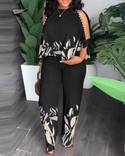 Large round neck raglan sleeves, five quarter sleeves, nail bead positioning printed pants set