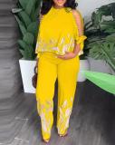 Large round neck raglan sleeves, five quarter sleeves, nail bead positioning printed pants set