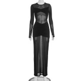Hollow mesh pleated transparent backless patchwork dress