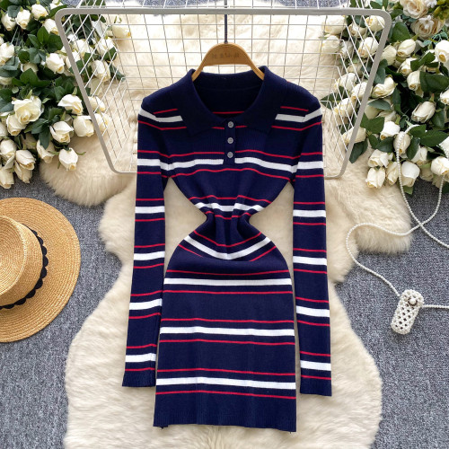 Color blocking striped dress, lapel, long sleeved sweater dress