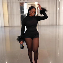 Round-neck backless long-sleeved plush solid color body suit D9580