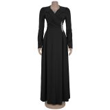Waist cinched cross lapel long sleeved dress