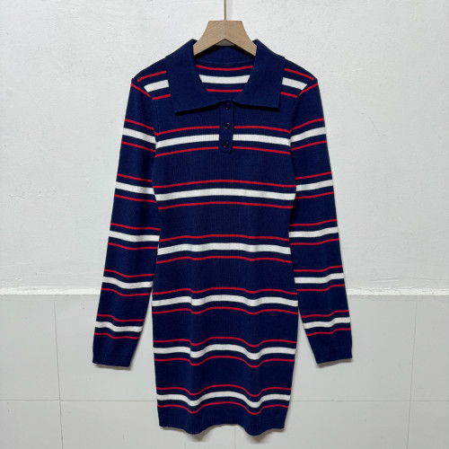 Color blocking striped dress, lapel, long sleeved sweater dress