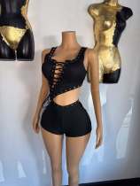 Strappy belly-baring irregular cut sleeveless T-shirt jumpsuit shorts