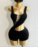 Strappy belly-baring irregular cut sleeveless T-shirt jumpsuit shorts