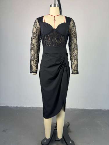 Square collar lace long sleeved high waisted mid length dress