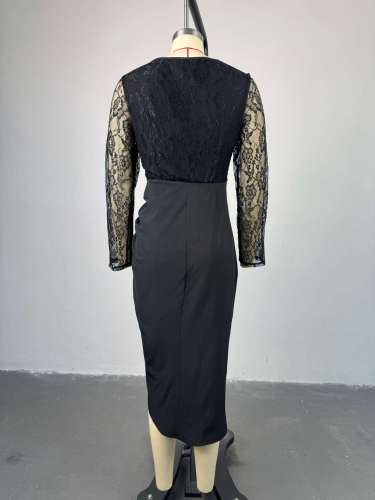 Square collar lace long sleeved high waisted mid length dress