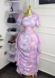 Bubble sleeve slanted collar printed ruffle edge tight dress