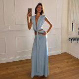 V-neck solid color sleeveless patchwork crop top dress
