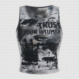 Graffiti smudged round neck I-back top