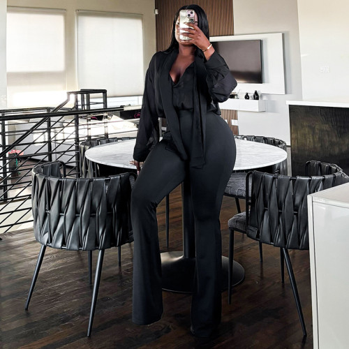 V-neck mesh ribbon shirt top, high waisted flared pants set