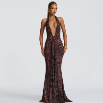 Deep V-neck halter backless pleated dress
