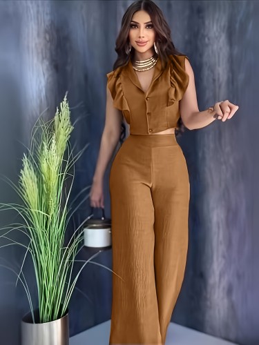 Solid color button up top and pants two-piece set