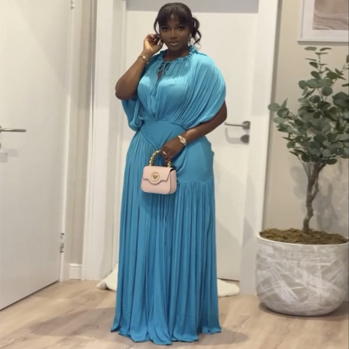 Loose plus size pleated waist cinching big swing dress