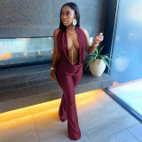 Hollow out fake two-piece hanging neck swinging collar large backless jumpsuit pants