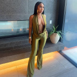 Hollow out fake two-piece hanging neck swinging collar large backless jumpsuit pants