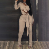 V-neck tight fitting crop top with tie up pants set