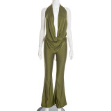 Hollow out fake two-piece hanging neck swinging collar large backless jumpsuit pants
