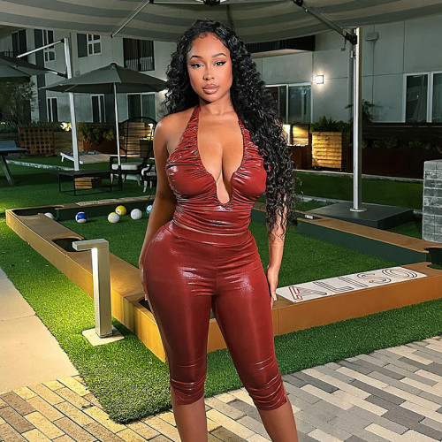 Imitation leather U-shaped backless suspender seven quarter pants set