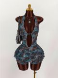 Leopard print halter neck backless lace-up tiered short dress