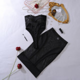 Two-piece set consisting of a see-through mesh jumpsuit and a spliced skirt