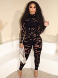 Round-neck long-sleeved hollow-out lace tight-fitting hip-lifting jumpsuit