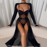 Three-piece set including see-through mesh body-shaping one-piece garment, patchwork slit skirt