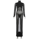 Mesh see-through stitching high-waisted tight dress set