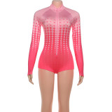 Long sleeved stand up collar zipper printed jumpsuit