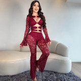 Metal buckle patchwork lace hollow micro flared pants jumpsuit