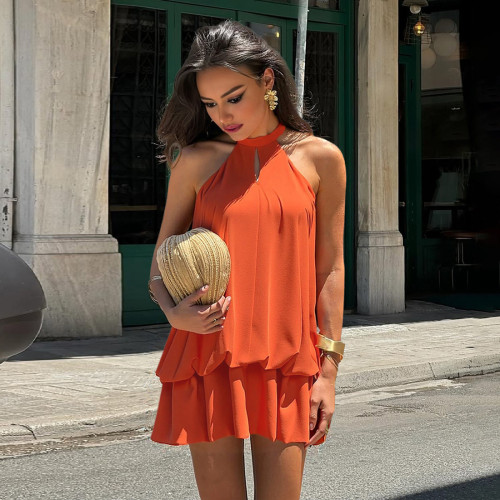 Sleeveless halter neck lace-up backless dress