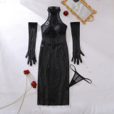 Perspective mesh one-piece body-shaping three-piece set with gloves