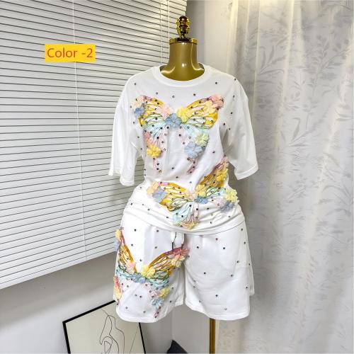 Butterfly studded diamond short sleeved T-shirt top+elastic waist wide leg shorts two-piece set