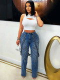 High waisted jeans with metal rivets and long pants
