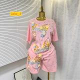 Butterfly studded diamond short sleeved T-shirt top+elastic waist wide leg shorts two-piece set
