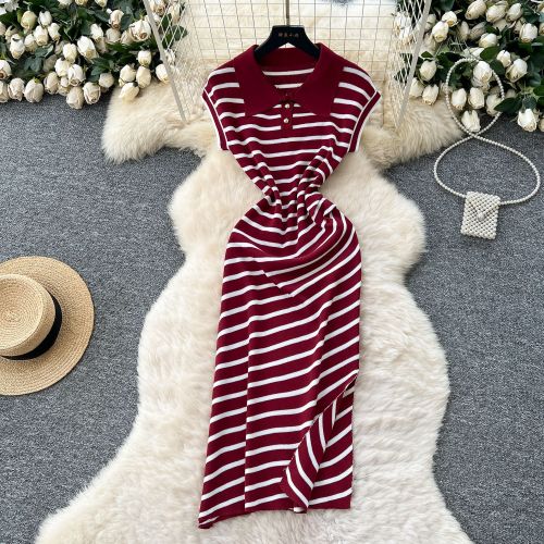 Polo collar short sleeved slit striped dress