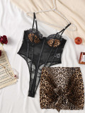Leopard lace gathered one-piece underwear with fishbone perspective underwear
