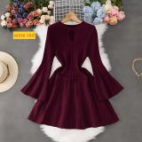 Horn sleeve knitted dress with hollow waist and pleated skirt
