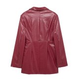 Red deep V-neck pleated leather one-piece dress