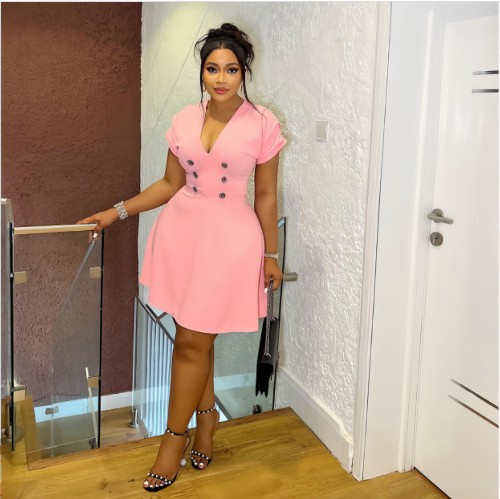 Solid color short sleeved V-neck double breasted dress