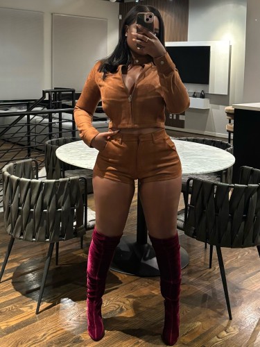 Long sleeved shorts elastic suede suit