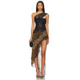 Leopard print chiffon long skirt with backless lace patchwork dress