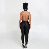 Button hanging neck hollow out backless high waisted jumpsuit