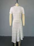 Half high neck, short sleeved, high waisted dress, mid skirt