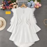 Horn sleeve knitted dress with hollow waist and pleated skirt