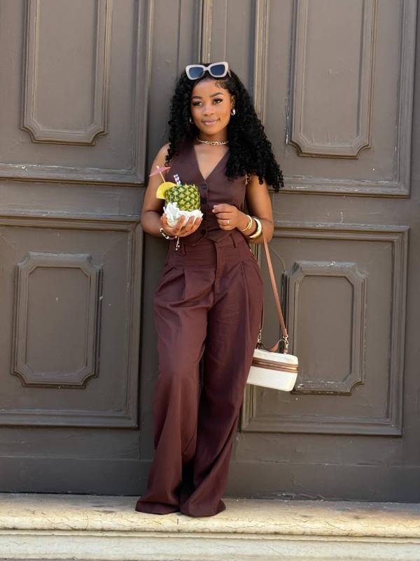 Backless top, pants, solid color set
