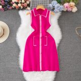 Polo collar sleeveless button decoration knit vest dress