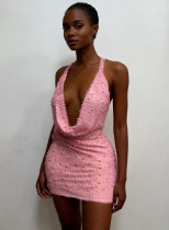 Hanging neck, revealing backpack, hip, sleeveless dress