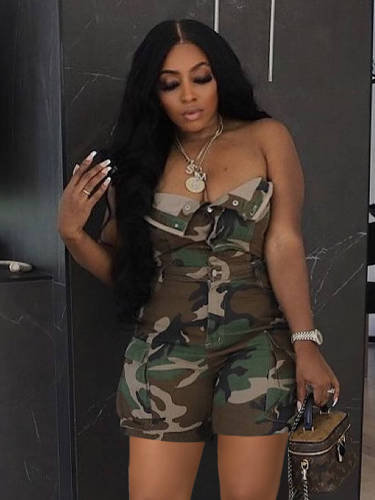 Bodysuit Openwork Buttoned Camouflage Pocketed Shorts