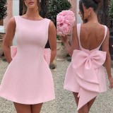 Pearl bow waist cinched backless A-line dress